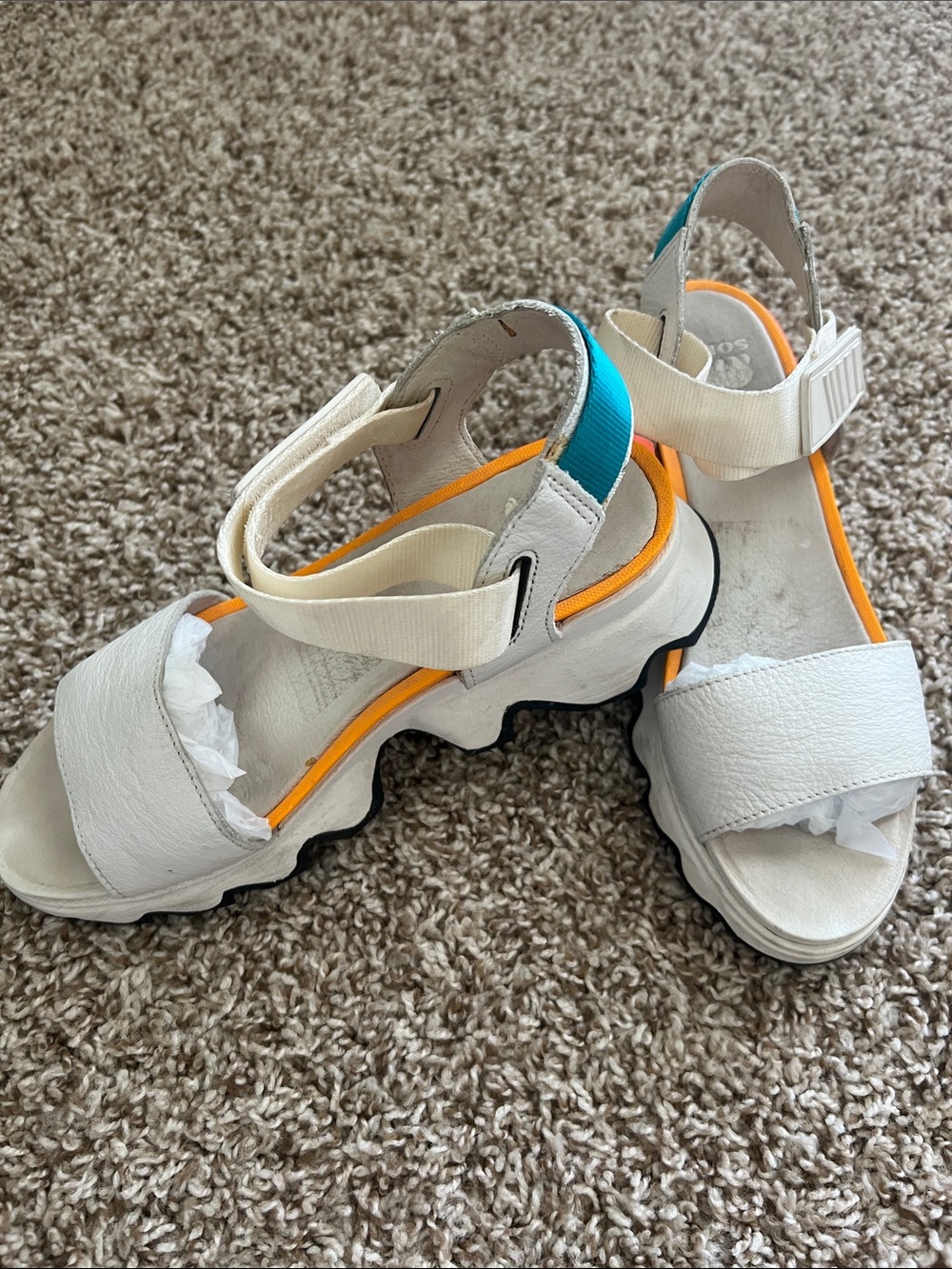 Sorel White Sandals with Orange Trim and Teal Heel Accent